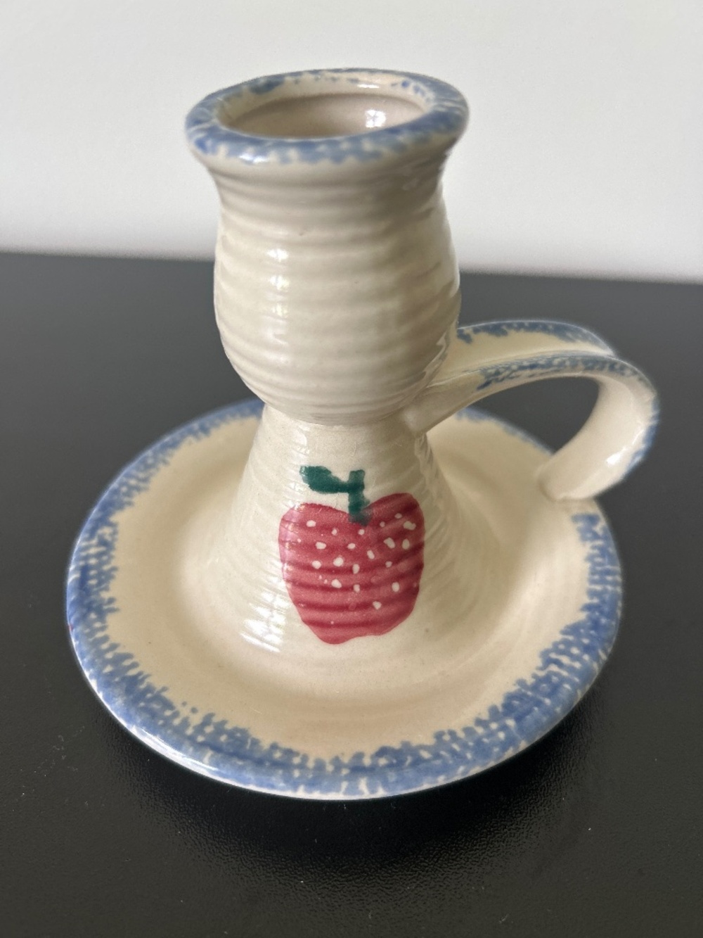 Vintage Ceramic Chamberstick Candle Holder Apple Blue Spongeware